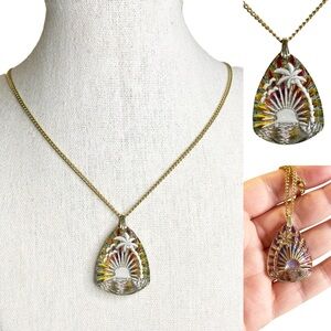 Vintage 70s Reverse Painted Carved Lucite Tropical Sunset Pendant Necklace